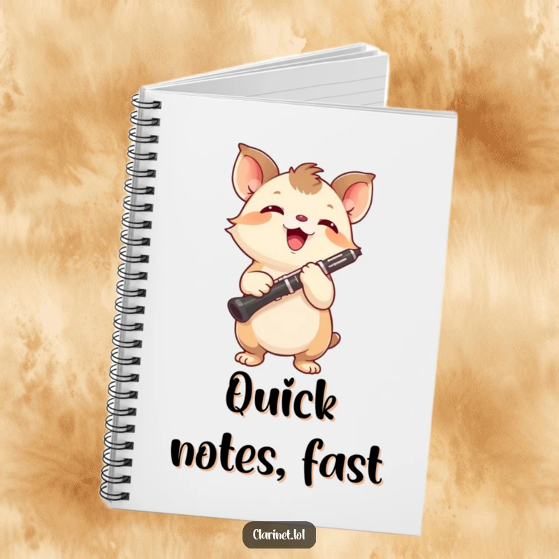 Funny notebook with a small creature holding a clarinet aloft, beaming with concentration. Great for notes.