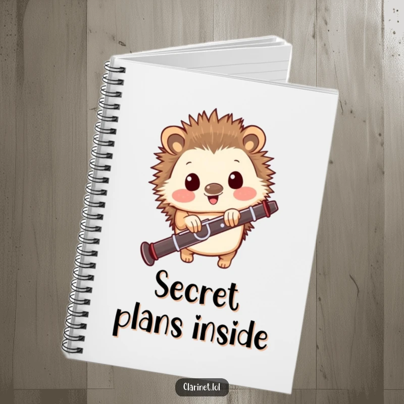 Funny notebook featuring a happy hedgehog peeking from behind a clarinet, perfect for jotting down musical ideas with humor.