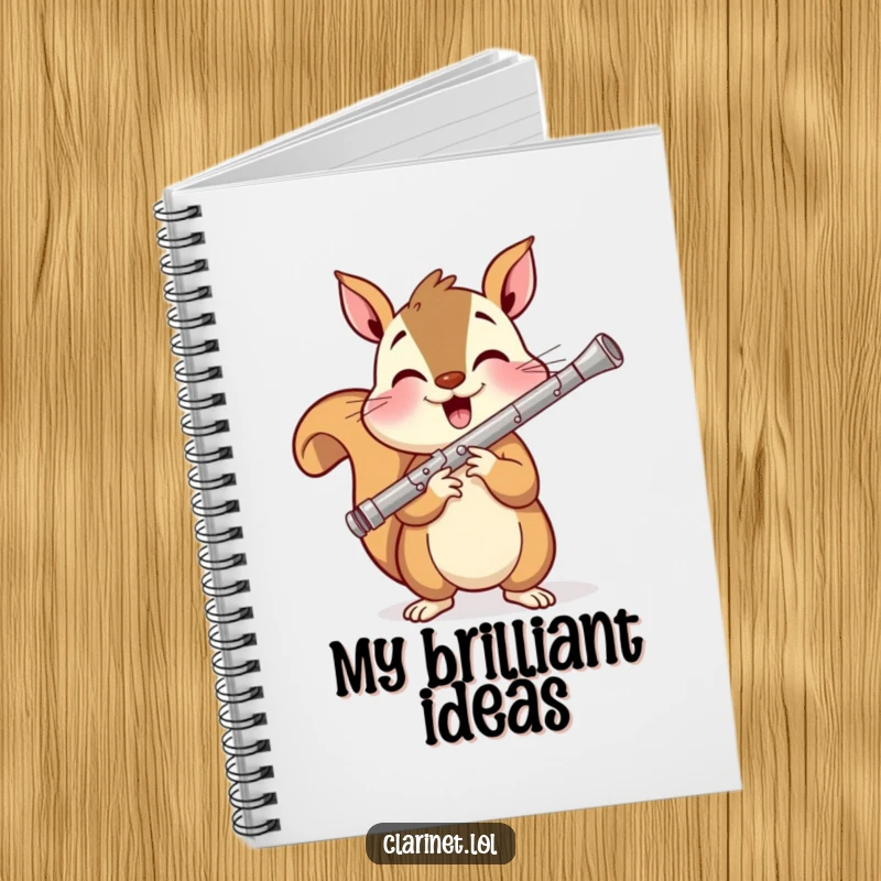 Funny notebook featuring a smiling squirrel playing a clarinet, ideal for journaling musical thoughts with a humorous touch.