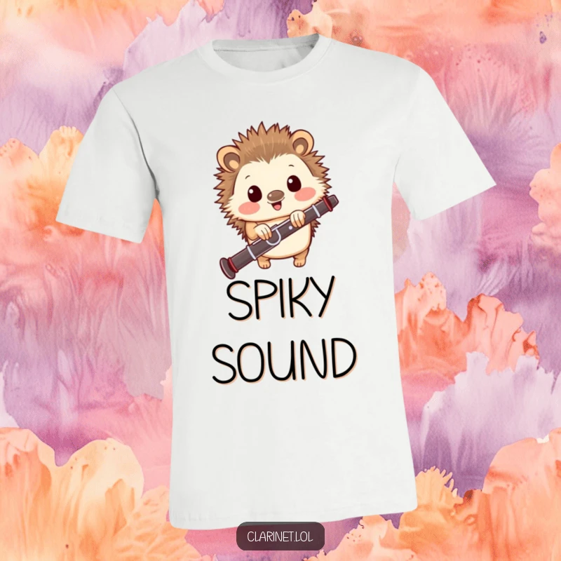 Funny t-shirt with a happy hedgehog peeking from behind a clarinet, showcasing a delightful and humorous music-themed design.