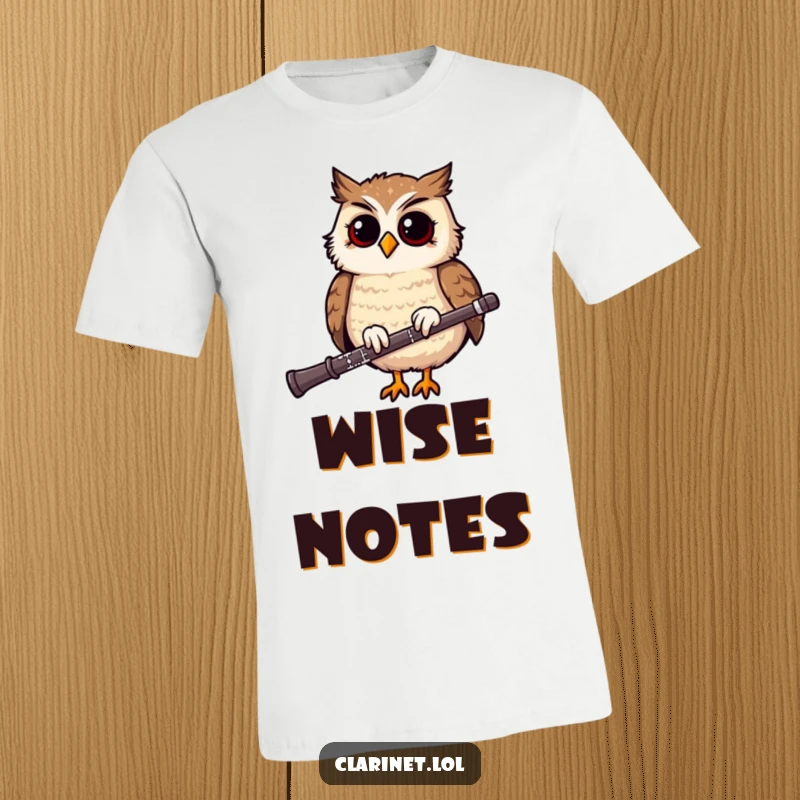 Funny t-shirt with a giggling owl bobbing its head rhythmically on a clarinet, showcasing a humorous and musical design.