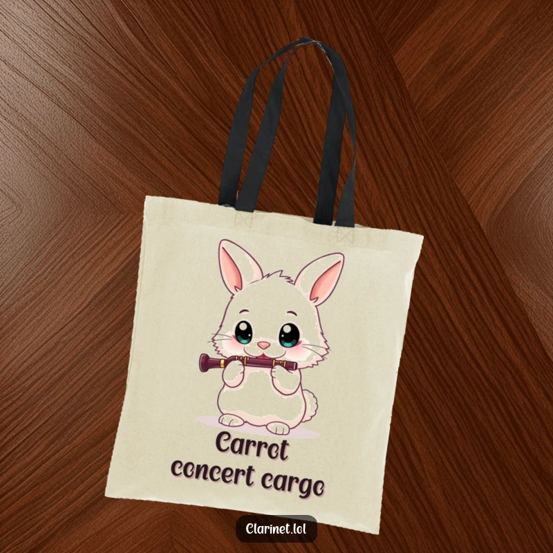 Funny tote bag featuring an energetic bunny playing the clarinet, perfect for carrying essentials with musical humor and charm.