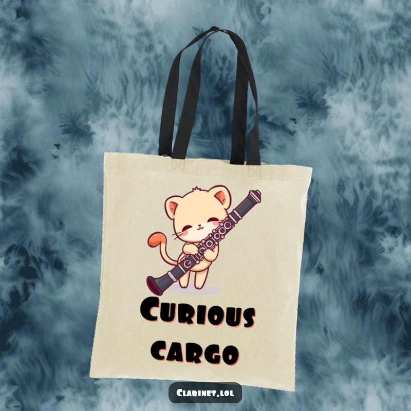 Funny tote bag with a shy creature peeking around a clarinet, tail wagging curiously. Practical gift.
