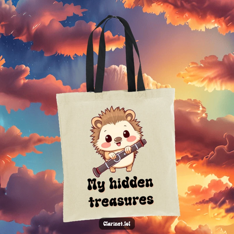 Funny tote bag with a happy hedgehog peeking from behind a clarinet, perfect for carrying items with a touch of musical charm.