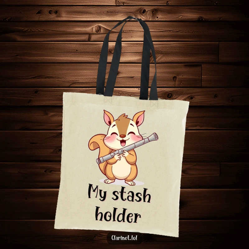 Funny tote bag with a cheerful squirrel playing the clarinet, perfect for carrying items with a dose of musical humor.